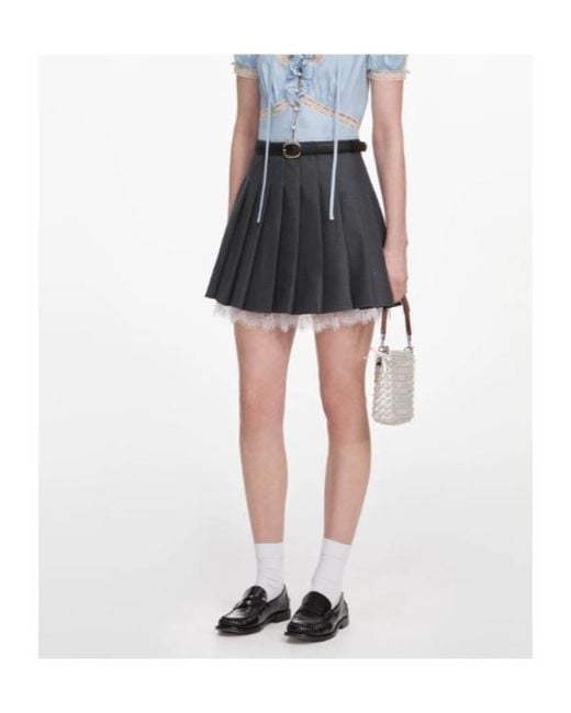 Self-Portrait Blue Pleated Lace-Trim Skirt