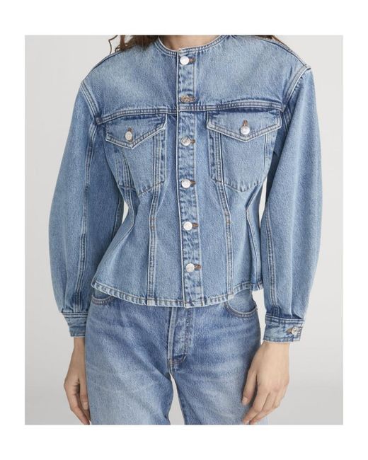 FRAME Blue Paneled Peplum Denim Jacket