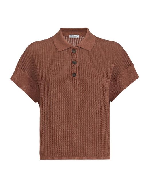 Brunello Cucinelli Brown Ribbed Buttoned Polo Shirt
