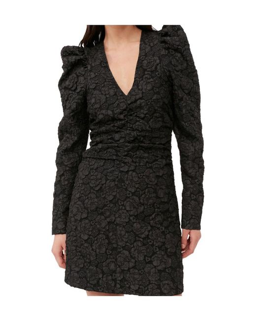 Ganni Black Jacquard V-Neck Mini Dress