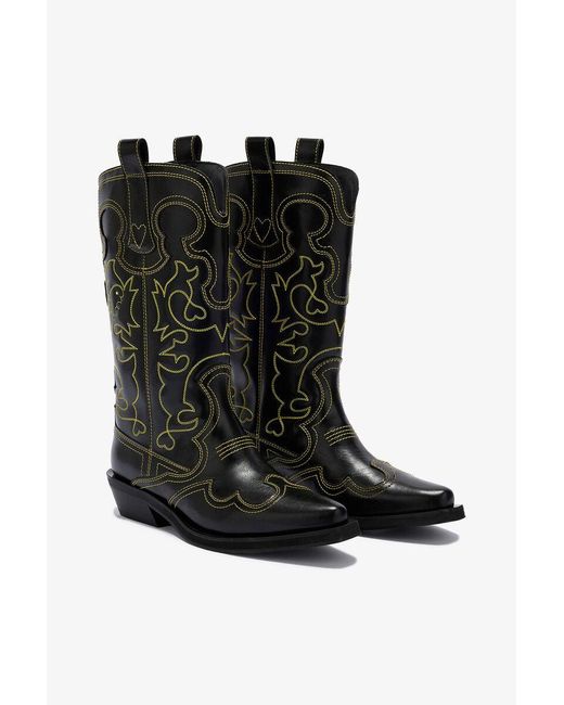 Ganni Black Mid Shaft Embroidered Western Boots