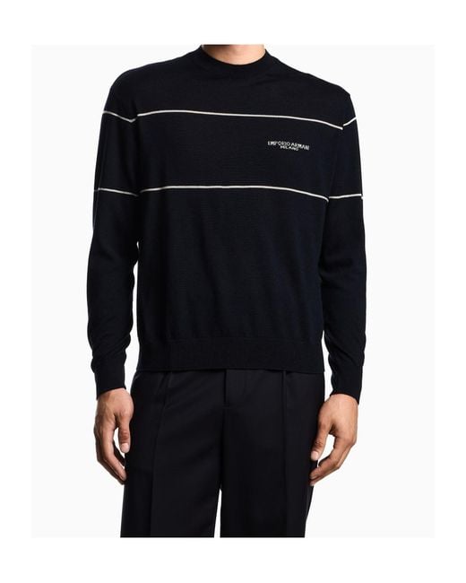 Emporio Armani Blue Stripe-Detail Wool Sweater for men