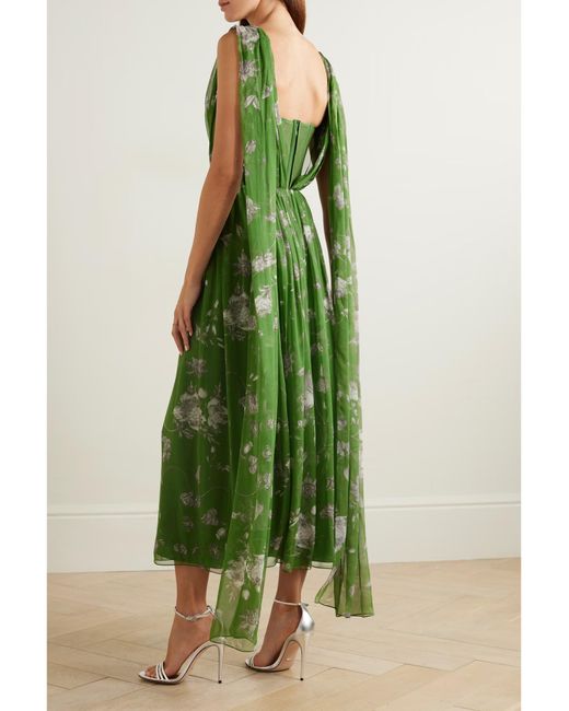 Erdem Green Shawl-Style Pleated Printed Dress