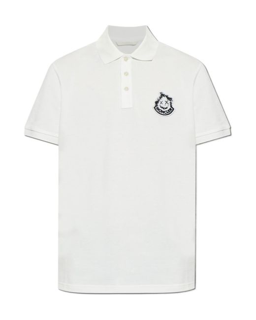 Moncler White Logo Patch Short Sleeved Polo Shirt for men