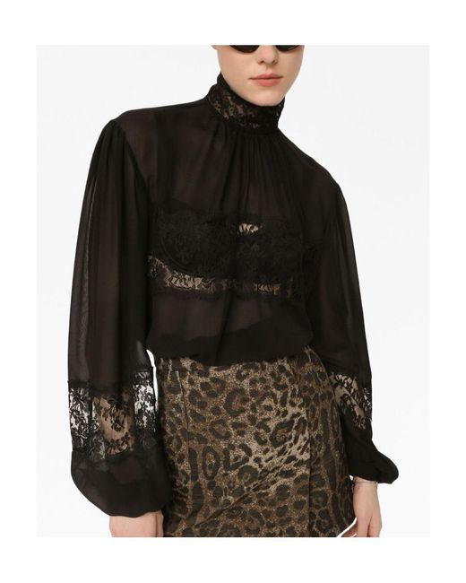 Dolce & Gabbana Black Lace-Embellished Ruched Detailed Blouse