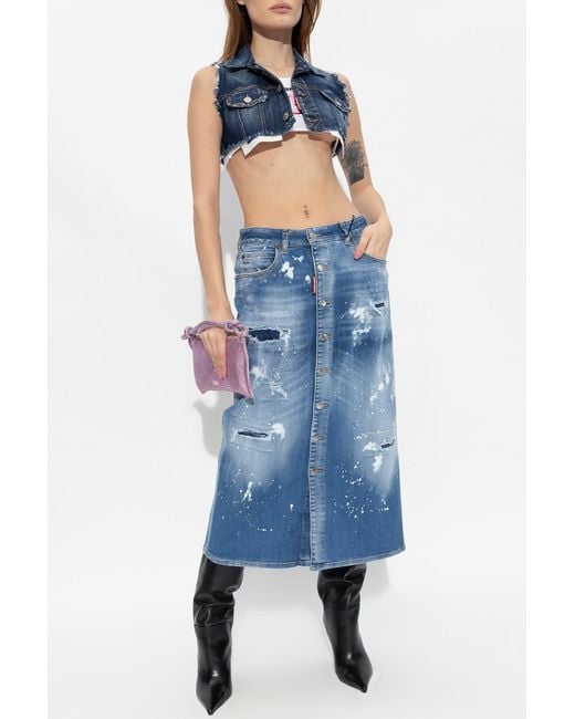 DSquared² Blue Distressed Denim Midi Skirt