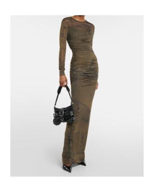 Blumarine Green Printed Ruched Jersey Maxi Dress