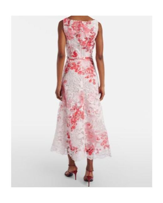 Monique Lhuillier Pink Belted Floral Midi Dress