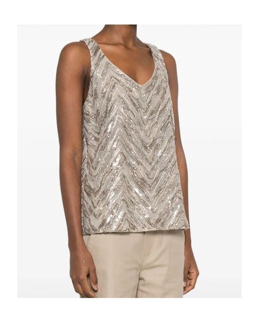 Brunello Cucinelli Natural Sequin-Embellished Chevron Top