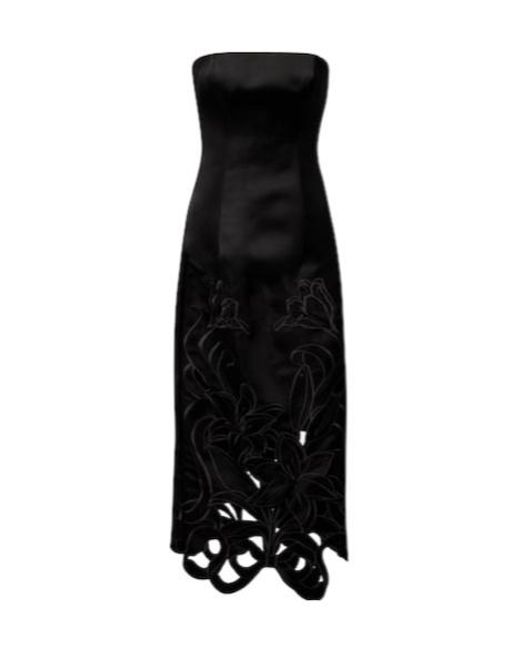 Leo Black Rayna Floral-Appliqué Bustier Gown
