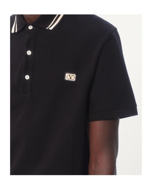 Valentino Black Logo Embroidered Straight Hem Polo Shirt for men