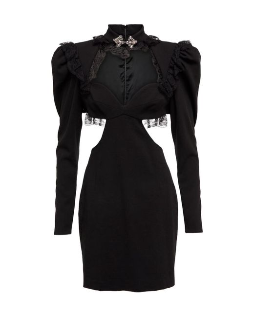 Alessandra Rich Black Lace-Trimmed Wool-Blend Minidress