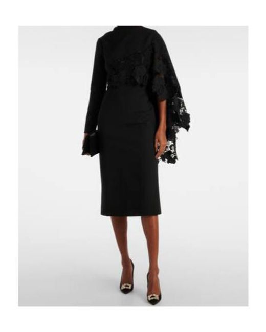 Oscar de la Renta Black Floral Guipure Wool Midi Dress