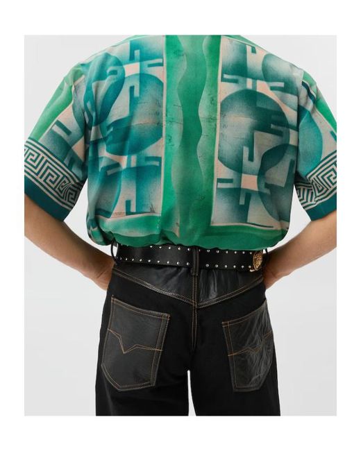 Versace Green Greca-Print Medusa-Head Shirt for men