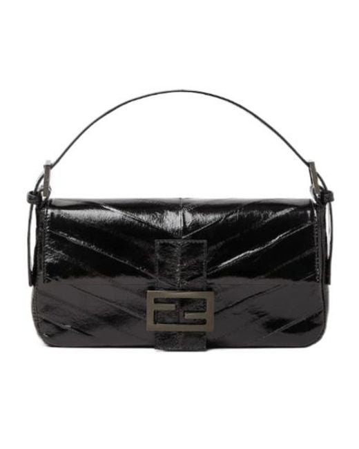 Fendi Black Baguette 26424 Inlaid Hagfish Leather Bag