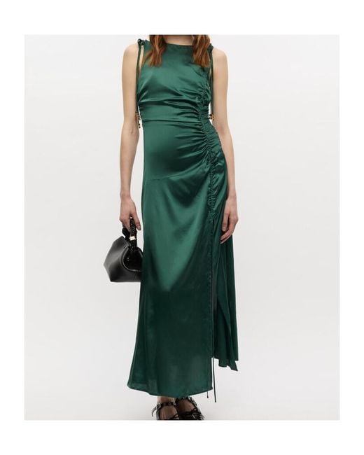 Ganni Green Satin Gathered Dress