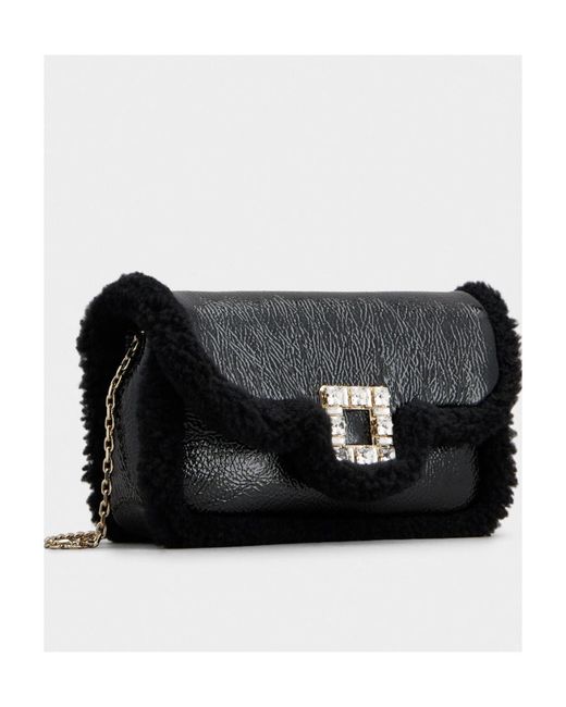 Roger Vivier Black Jeu De Fille Viv' Shearling Strass Buckle Clutch Bag