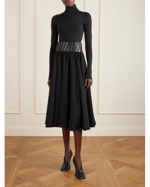 Alaïa Blue Leather-Trimmed Wool-Gabardine Midi Skirt