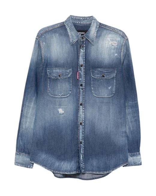 DSquared² Blue Canadian Distressed Denim Shirt for men
