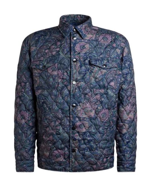 Etro Blue Quilted Overshirt With Floral Paisley Motif for men