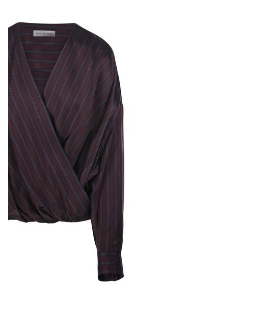 Dries Van Noten Blue Striped V-Neck Wrap Shirt