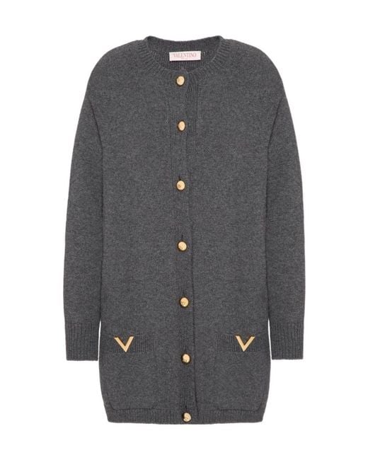 Valentino Gray Logo Plaque Buttoned Long-Sleeved Cardigan