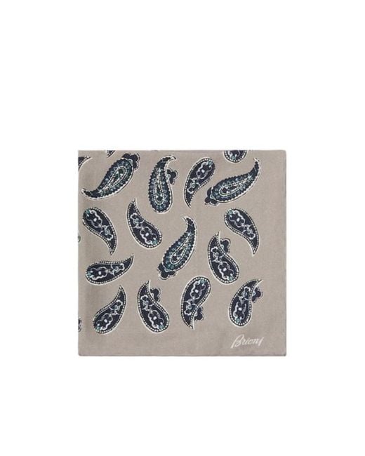 Brioni Gray Paisley Silk Twill Pocket Square for men