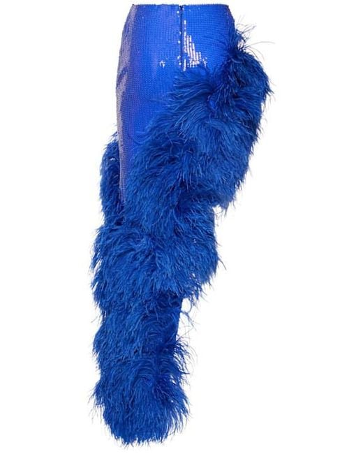 David Koma Blue Asymmetrical Skirt With Feather Details
