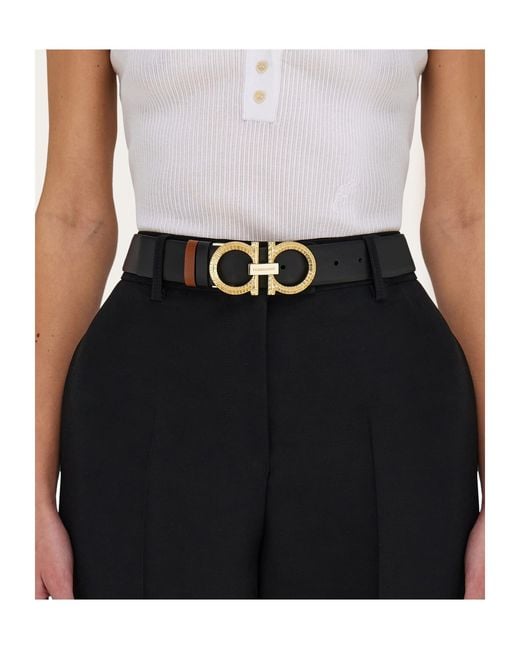 Ferragamo White Reversible And Adjustable Belt With Hammered Gancini