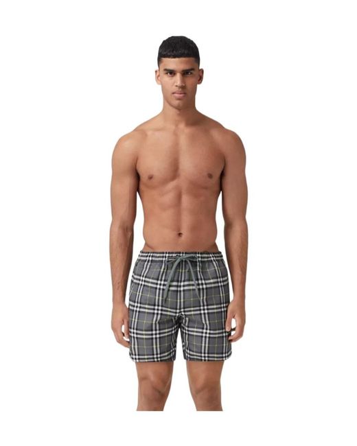 Burberry Gray Checked Drawstring Swim Shorts for men