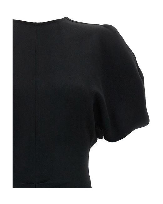 Victoria Beckham Black Ruched-Waist V-Back Crepe Midi Dress