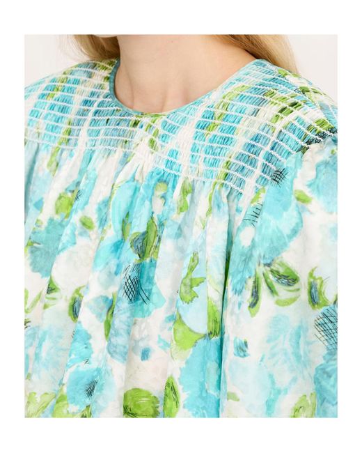 Chloé Blue Chloé Smocked Floral Tie-Sleeve Top