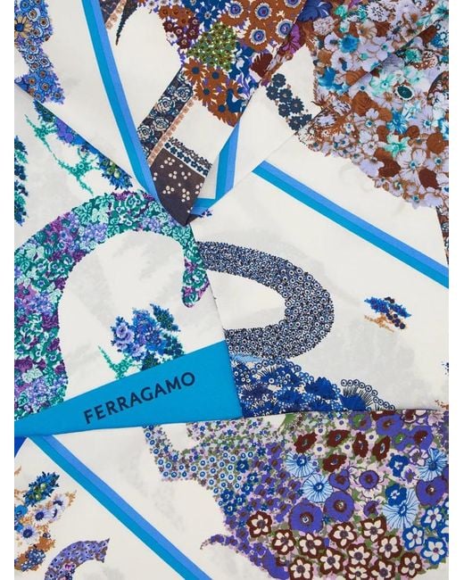 Ferragamo Blue Patchwork Printed Silk Scarf