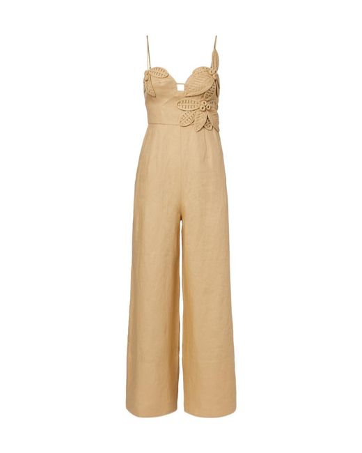 Farm Rio Natural Floral-Appliqué Linen Jumpsuit