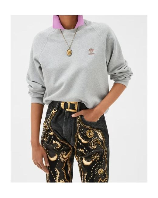 Versace Gray Logo-Embroidered Polo Sweatshirt