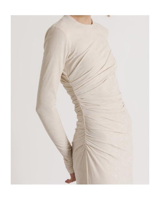 Alberta Ferretti Natural Gathered Midi Dress With Lace Trim