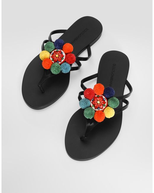 Dolce & Gabbana Multicolor Rubber Beachwear Slides With Pom-Poms