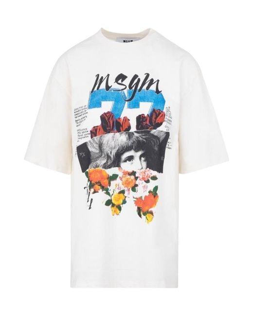 MSGM White Graphic-Print Cotton T-Shirt