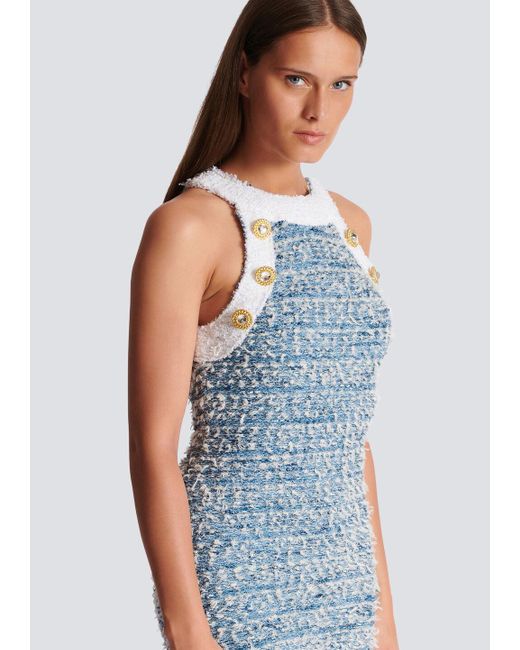 Balmain Blue Fringed Denim Tweed Dress