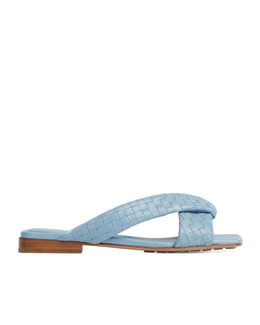 Bottega Veneta Blue Riva Intrecciato Flat Mule Sandals