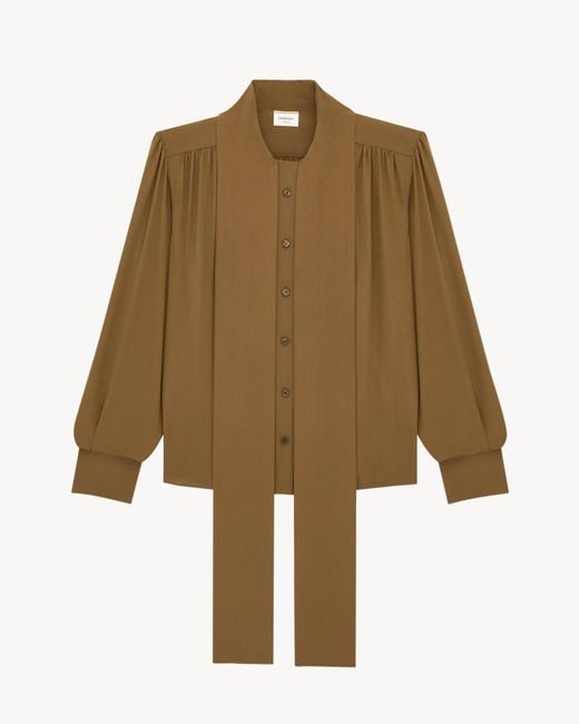 Saint Laurent Green Lavallière Padded Shoulder Blouse