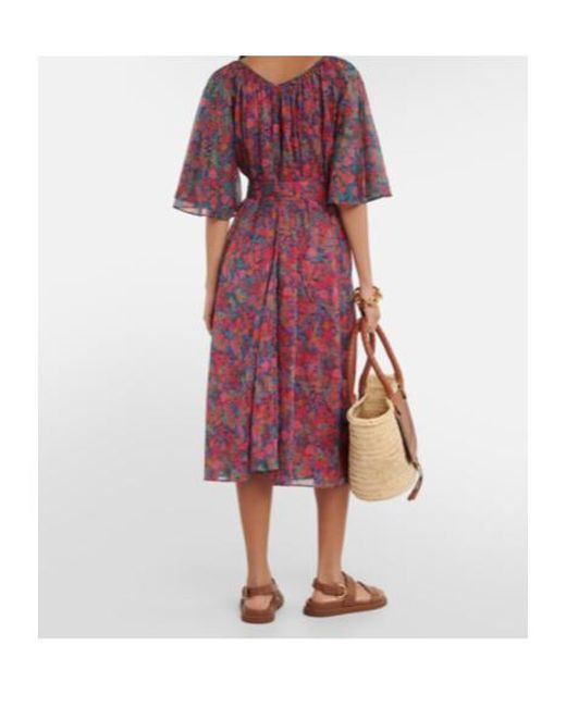 Eres Red Daisy Floral Cotton Midi Dress