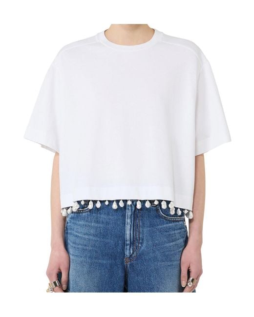 Sportmax White Palmas Beaded Hem Cropped T-Shirt