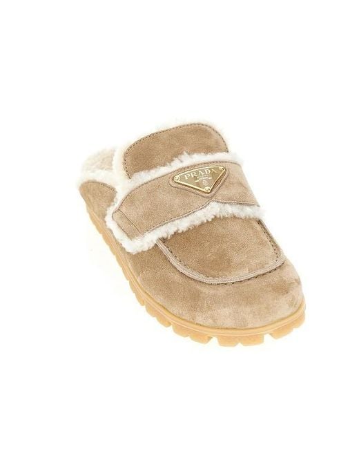 Prada Natural Suede And Shearling Mules