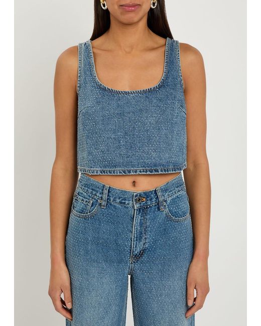 Self-Portrait Blue Crystal-Embellished Denim Crop Top