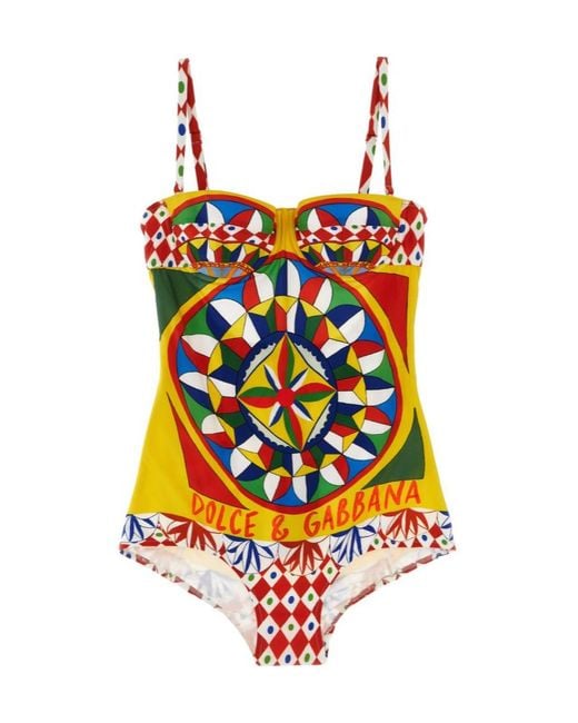 Dolce & Gabbana Red Carretto-Printed Balconette One-Piece Swimsuit