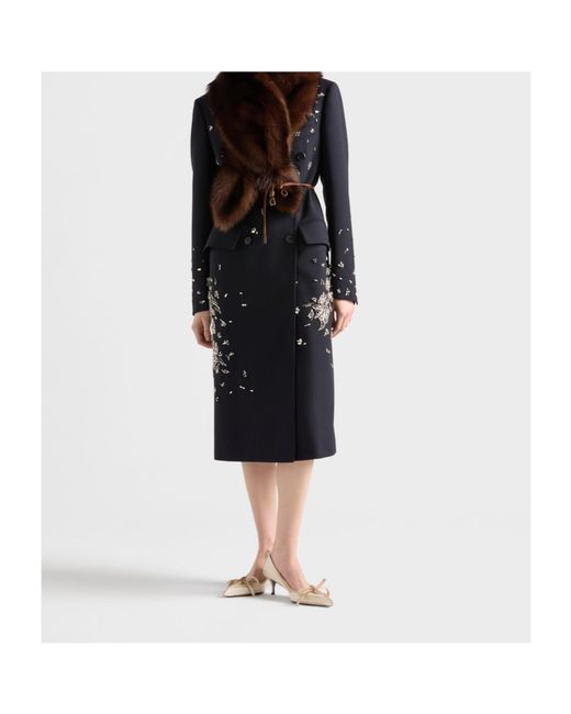 Prada Blue Embroidered Double-Breasted Rush Stitch Wool Coat