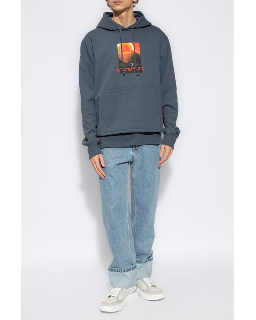 Helmut Lang Blue Graphic Printed Drawstring Hoodie for men
