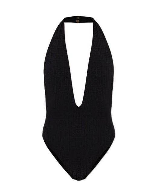 Balmain Black Plunge Monogram One-Piece Beachwear