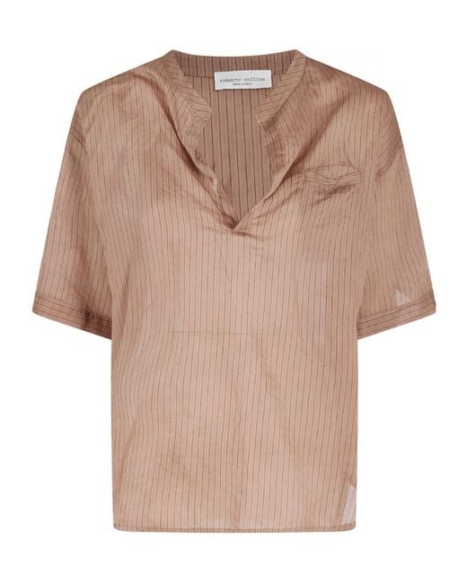 Roberto Collina Natural Striped V-Neck Blouse